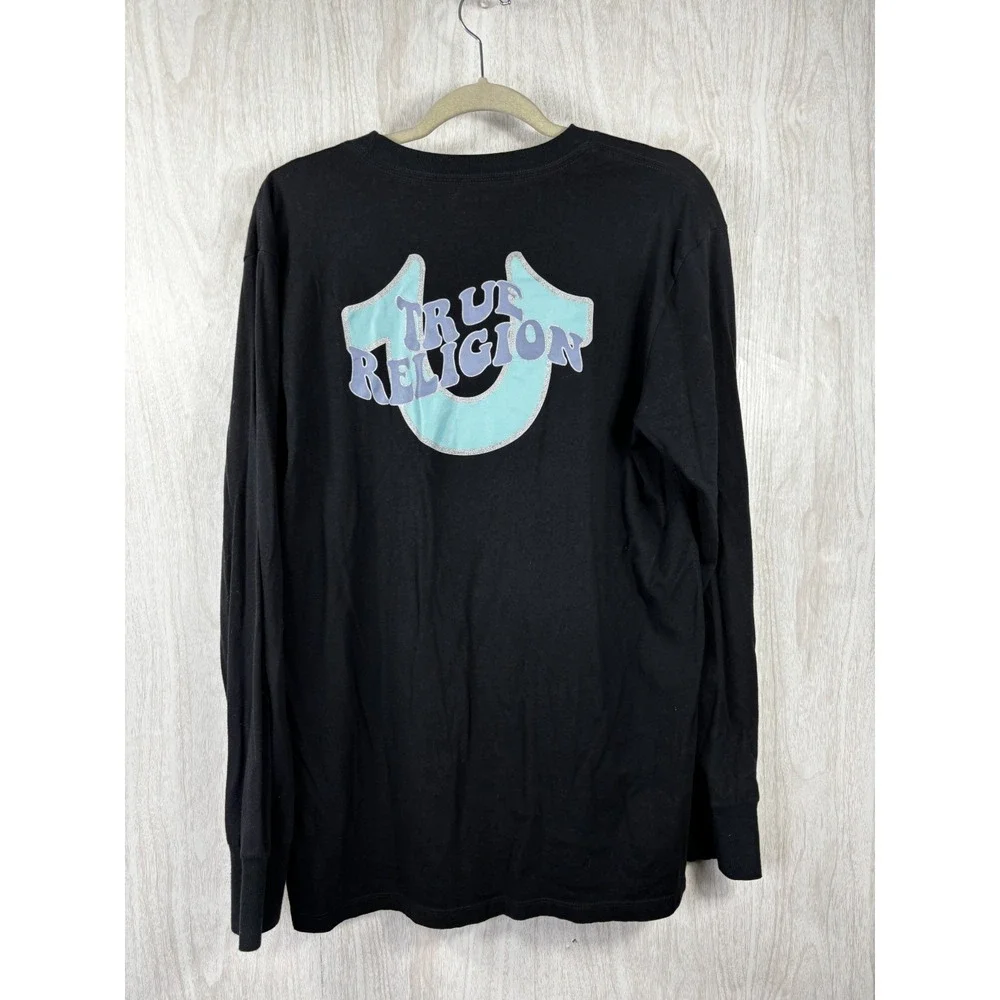 True Religion Long Sleeve Tee Mens XL Black Back Logo Graphic Y2K Streetwear